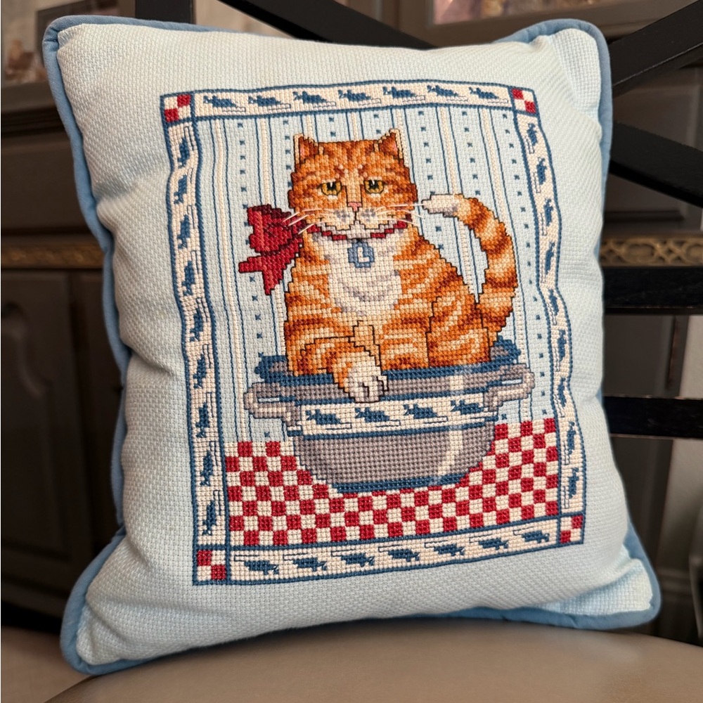 Vintage Decorative Cat Cross-Stitch Pillow - Light Blue, Orange Cat Design